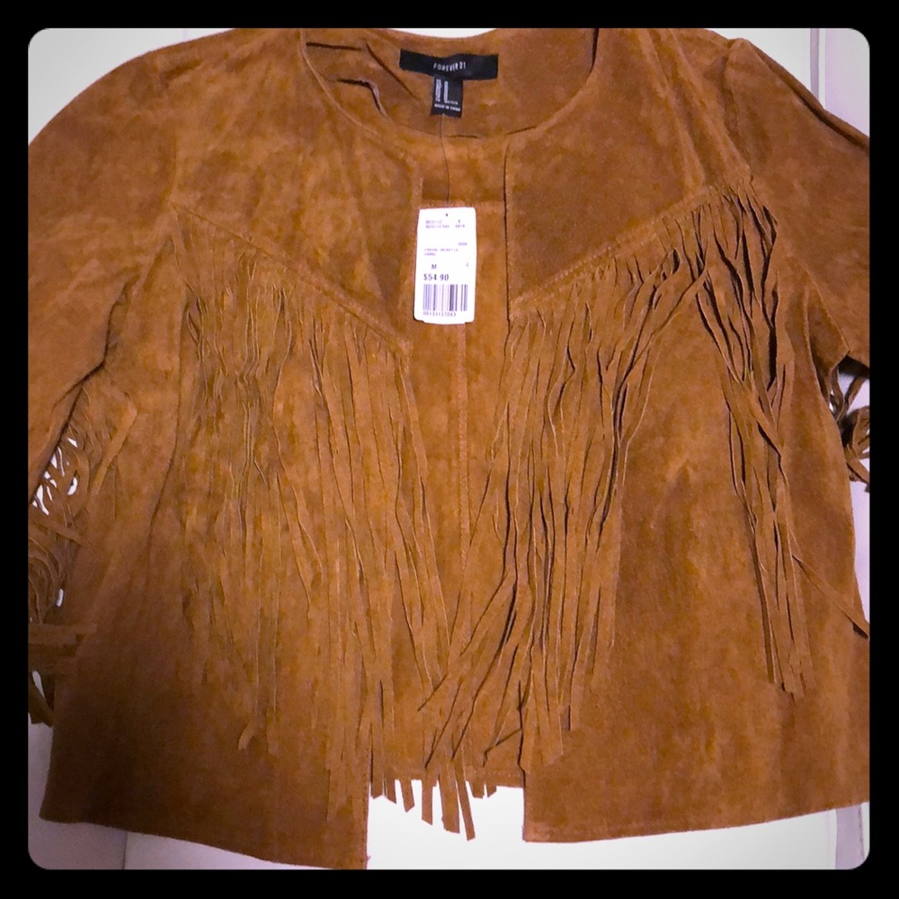 Suede like camel color fringe jacket